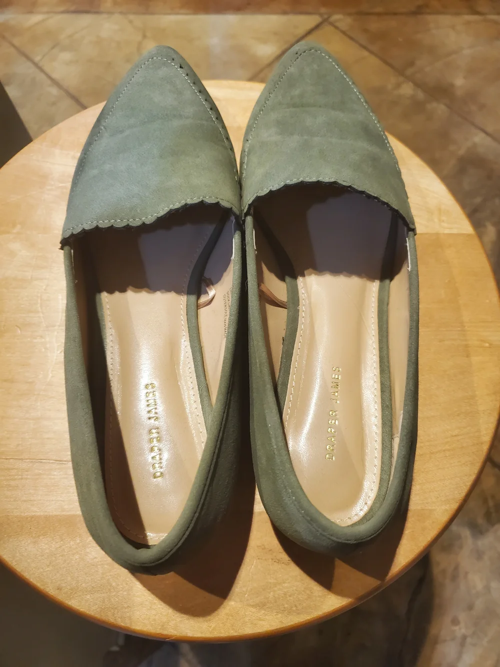 Draper James Olive Green Suede Pointed Toe Loafers